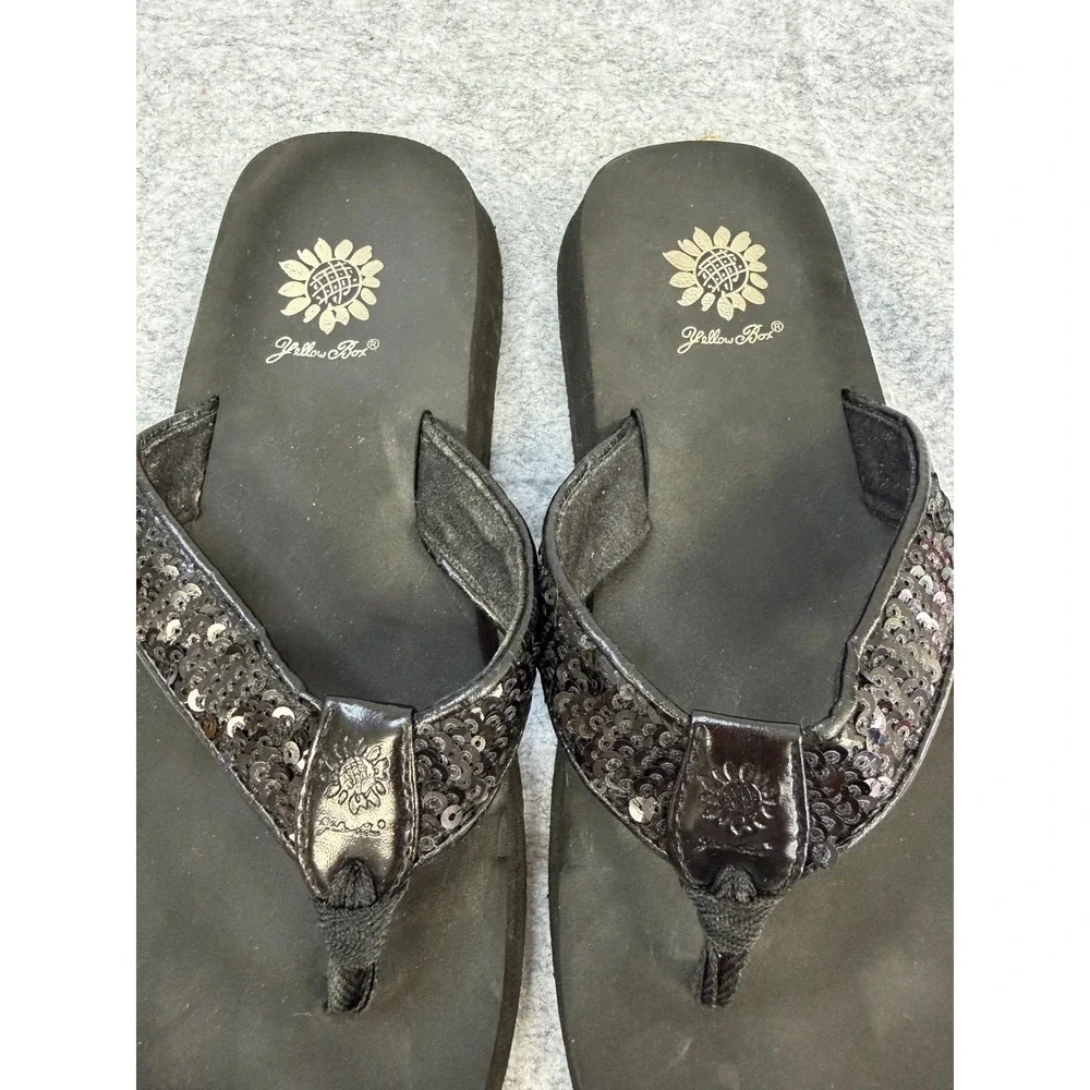 Yellow Box Black Sequin Wedge Flip Flops Women's Size 9 - Picture 2 of 5